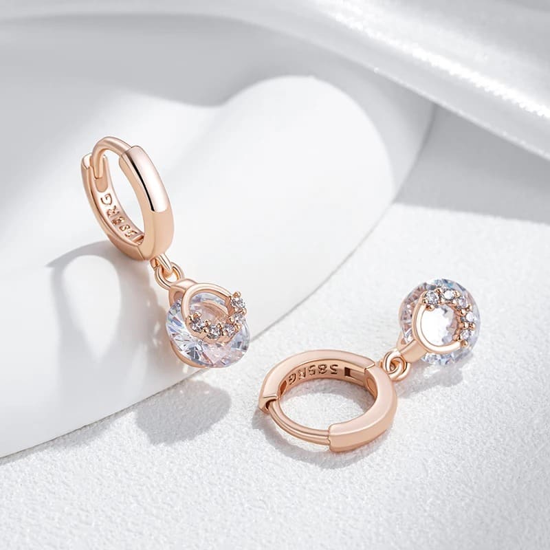 Brincos Femininos Rosa Ouro 585 com Zircônia Natural Antialérgica