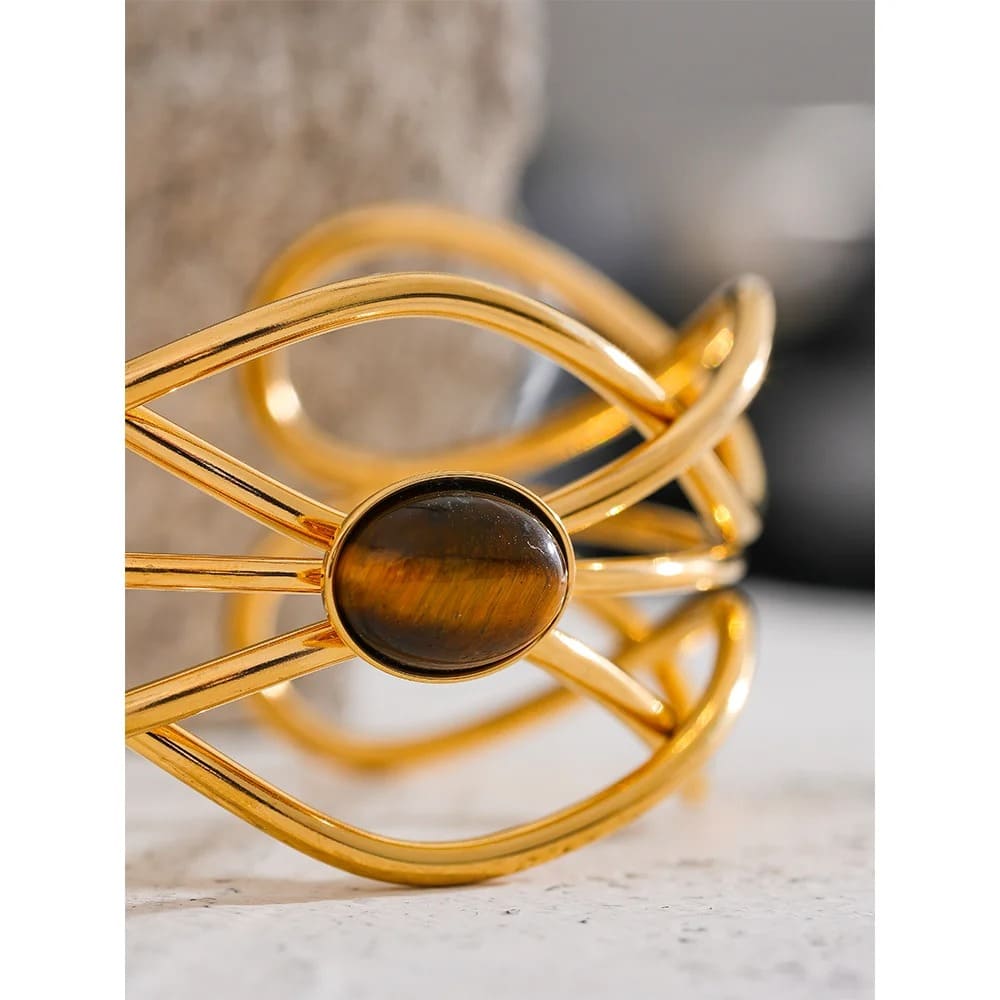 Pulseira Aberta em Aço Inoxidável 18K com Pedra Olho de Tigre
