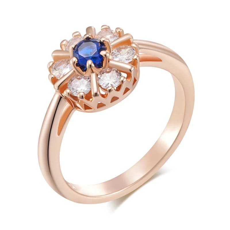 Anel Flor em Ouro Rosa 14K com Zircônia Azul Brilhante