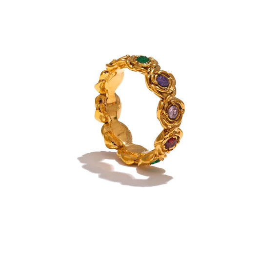 Zircônia Cubic Colorida, Joias De Alta Qualidade, Joias Da Moda, Fashion Jewelry, Estilo E Charme, Anel Hipoalérgico, Anel Feminino Trendy, Anel Estilo Vibrante, Anel De Flor, Anel De Aço Inoxidável, Anel Banho De Ouro, Acessórios Luxuosos, Acessórios Femininos