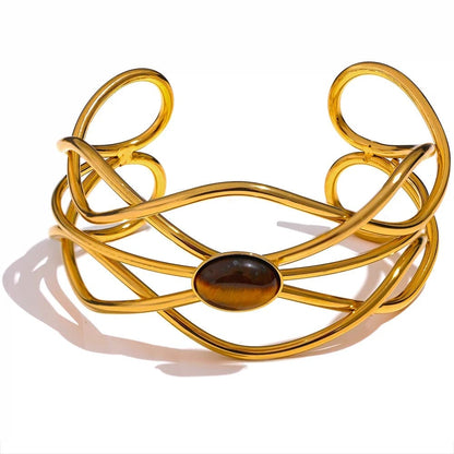 Pulseira Aberta em Aço Inoxidável 18K com Pedra Olho de Tigre, Pulseira Feminina, Joias Delicadas, Pulseira De Luxo, Acessórios Elegantes, Moda Com Estilo, Pulseiras Da Moda, Estilo E Personalidade, Joias De Presente, Pulseira De Prata, Pulseira De Ouro, Pulseira De Aço Inoxidável, Pulseira Banhada, Presente Perfeito, Joias Para Casamento, Acessórios Do Dia A Dia, Look Completo Joias Que Encantam, Moda Minimalista, Pulseira Com Charme, Berloques, Luxo, Pulseiras, Prata, Acessorios, Semijoias, Colares, Colar