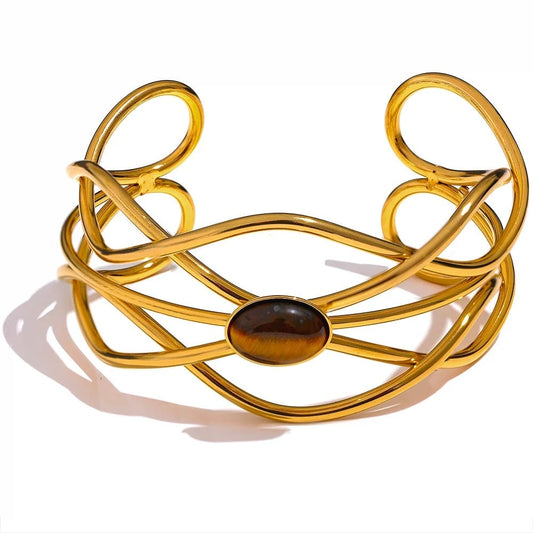 Pulseira Aberta em Aço Inoxidável 18K com Pedra Olho de Tigre, Pulseira Feminina, Joias Delicadas, Pulseira De Luxo, Acessórios Elegantes, Moda Com Estilo, Pulseiras Da Moda, Estilo E Personalidade, Joias De Presente, Pulseira De Prata, Pulseira De Ouro, Pulseira De Aço Inoxidável, Pulseira Banhada, Presente Perfeito, Joias Para Casamento, Acessórios Do Dia A Dia, Look Completo Joias Que Encantam, Moda Minimalista, Pulseira Com Charme, Berloques, Luxo, Pulseiras, Prata, Acessorios, Semijoias, Colares, Colar