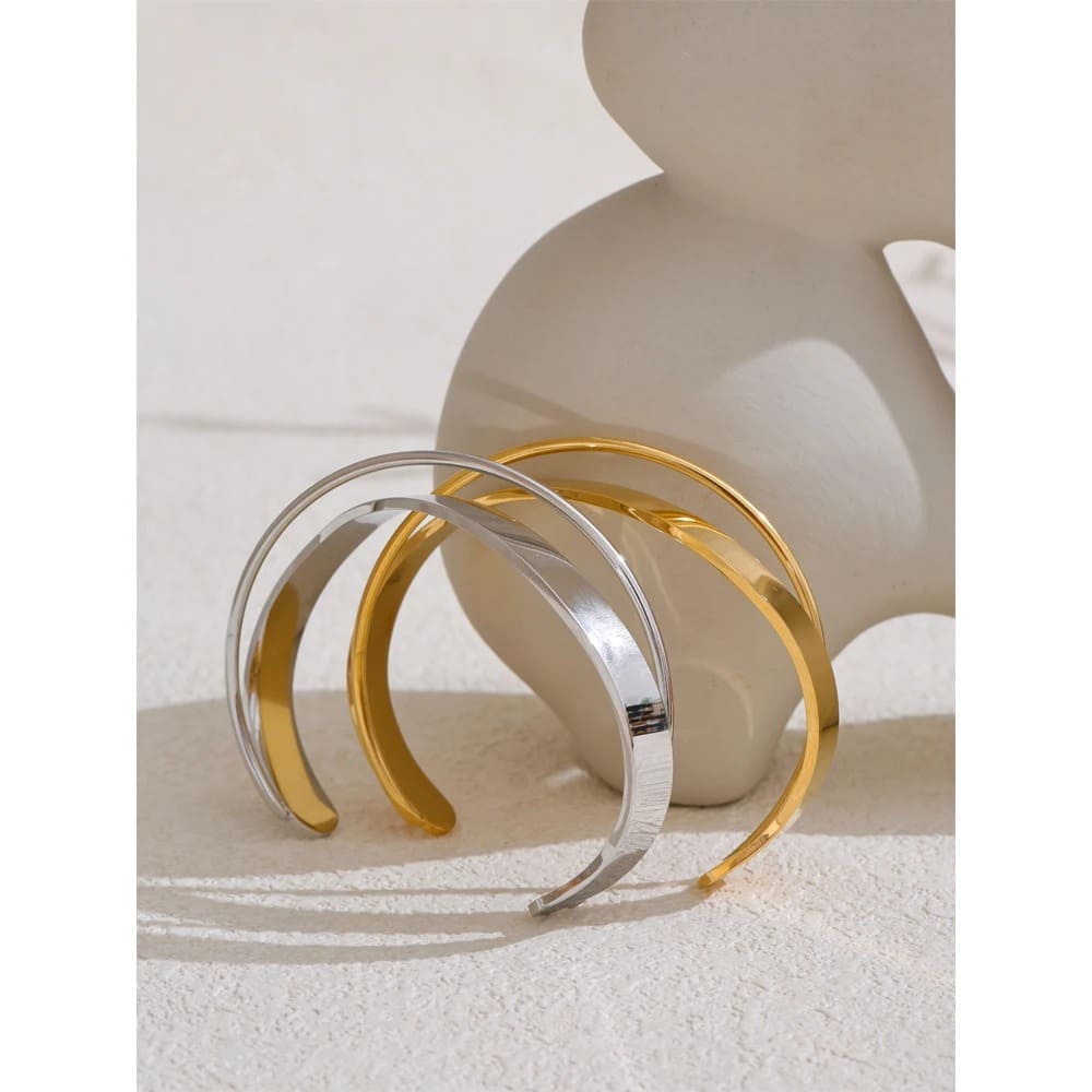 Pulseira Aberta de Aço Inoxidável Dourada e Prata